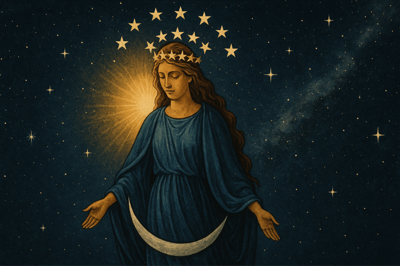 Illustration of Virgo clothed with the sun, the moon at her feet, and a crown of twelve stars, symbolizing the birth of Jesus as described in Revelation 12