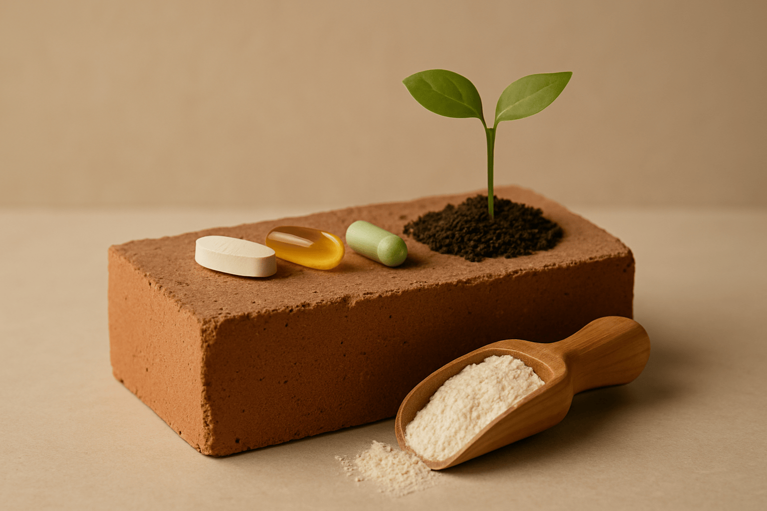 A pale brick resting on textured soil with soft natural light, symbolizing the foundation of a simple supplement routine with strong starting basics.