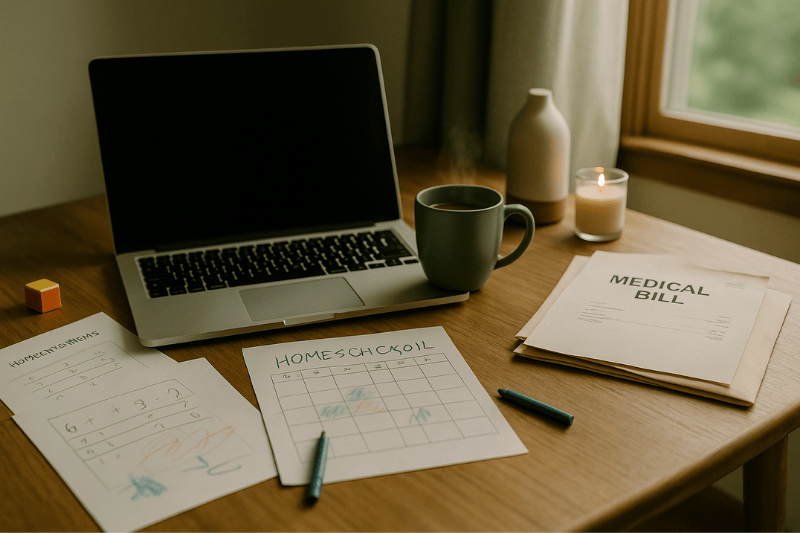 Cozy cluttered mom workspace with laptop, coffee, and kid’s toy
