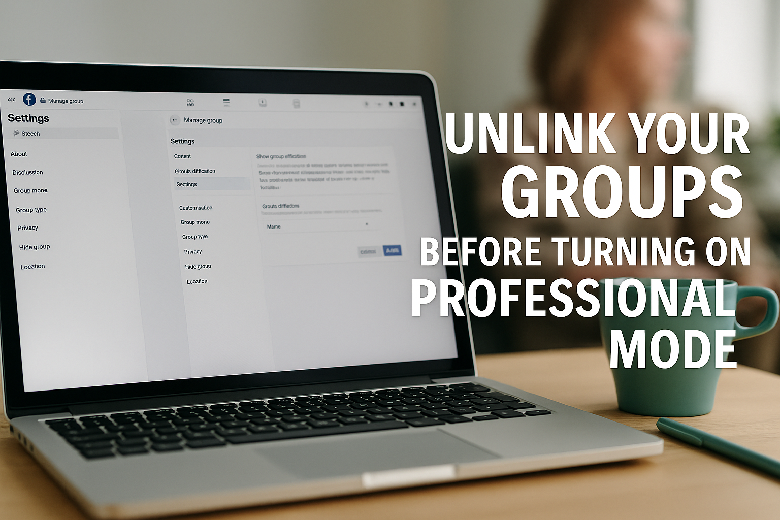 Laptop on a desk with Facebook settings open, symbolizing how to unlink groups before turning on Professional Mode.