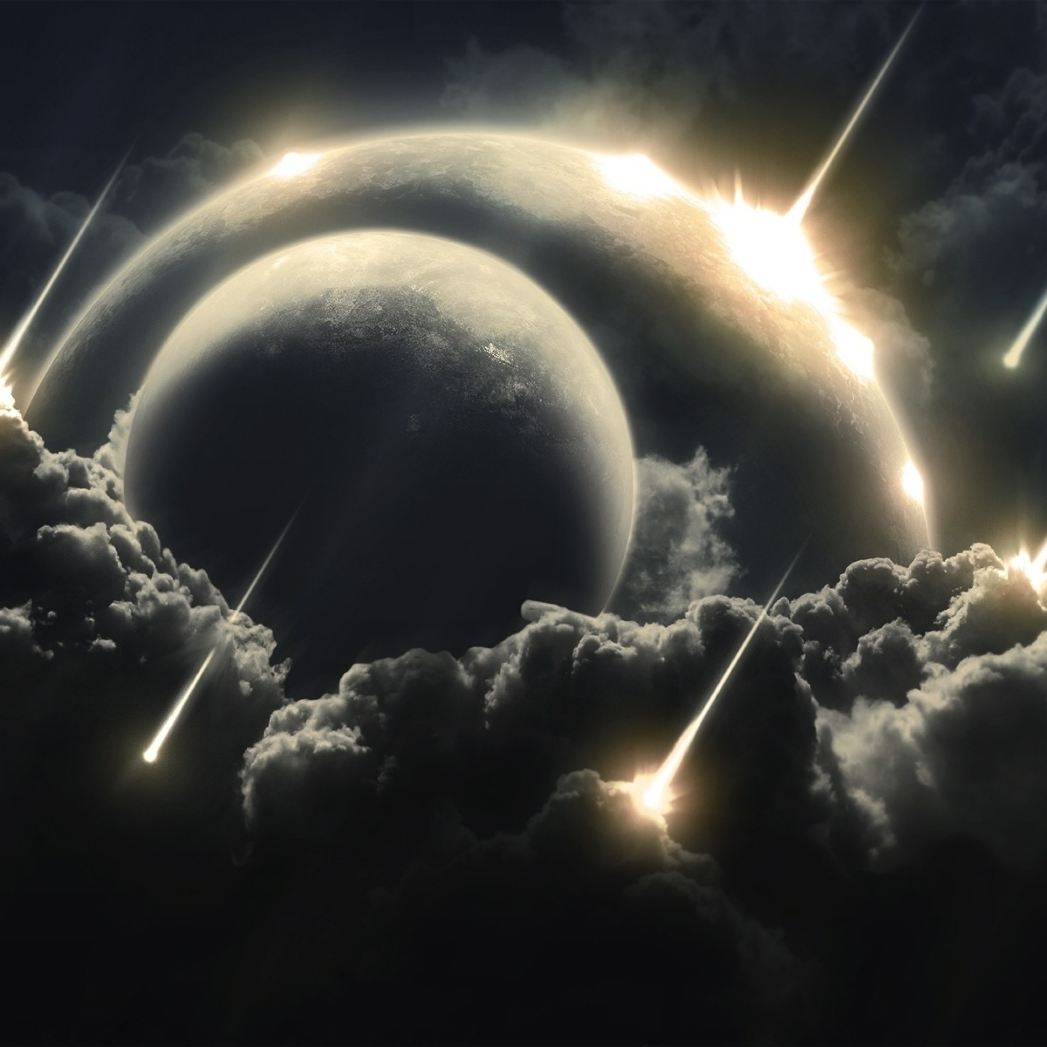 Graphic of Planets being bombarded by Meteor shower